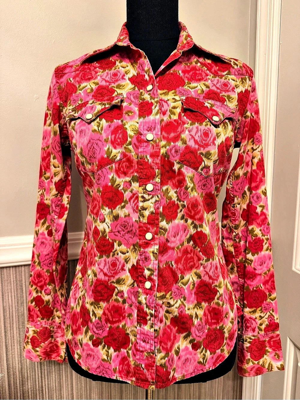 Lucky Brand Floral Western Pearl Snap Shirt Pink Roses S